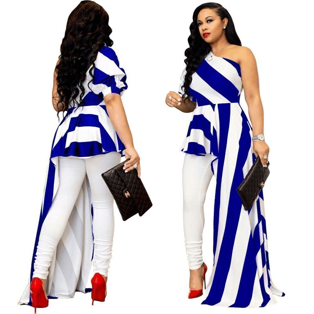 Striped One Shoulder Asymmetrical High Low Ruffle Peplum Top Tunic NEW SIZE S
